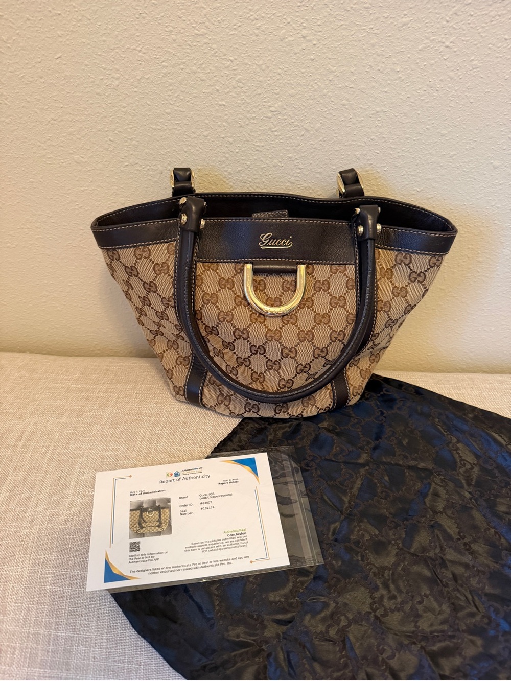Gucci Beige Brown GG Canvas Shoulder Bag with Dark Brown Trim and Gold Hardware